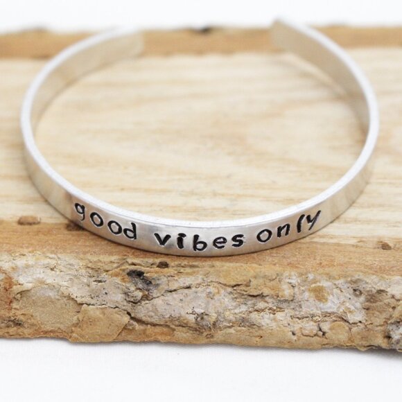 Good Vibes Only - Hand Stamped Anodized Aluminum Bangle - Adjustable - Picture 6 of 11